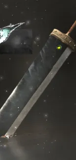 Epic sword with meteor in dark starry sky.