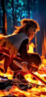Anime warrior with sword in fiery forest scene.
