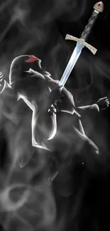 Mysterious figure with sword in smoke.