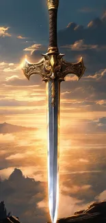 Epic sword against a golden sunset sky, radiating strength and fantasy.