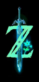 Mobile wallpaper of a glowing sword with neon Z symbol.