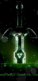 Epic sword glowing in dark green light, embedded in stone.