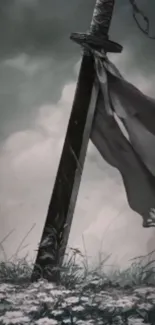 A sword standing in an atmospheric misty landscape, surrounded by flowers.