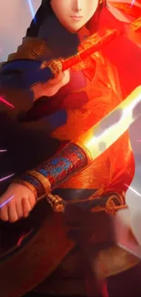 Epic warrior holding a glowing sword with vibrant red lighting.