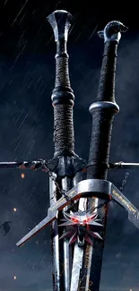 Epic artwork of swords against a dark, atmospheric background.