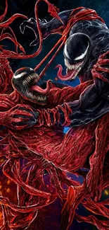 Epic battle of symbiotes in vibrant red and black tones for mobile wallpaper.