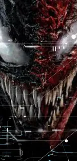 Dark, intense symbiote split face wallpaper with black and red hues.