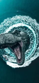 T-Rex emerging from the ocean, surrounded by swirling waves, a stunning wallpaper design.