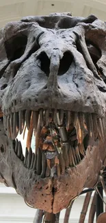 Close-up of a T-Rex skull showcasing intricate fossil details.