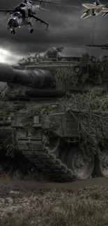 Tank with helicopters in a stormy sky, creating an intense military scene.