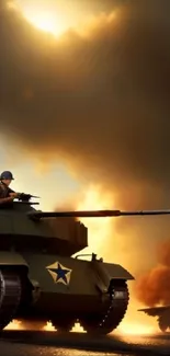 Tank silhouetted against a dramatic sunset in a battlefield setting.