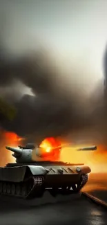 Mobile wallpaper of a tank in battle with explosions.