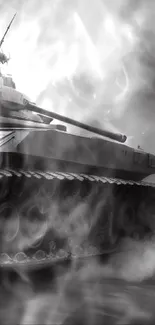 A dramatic grayscale image of a tank amidst smoke, highlighting military power.