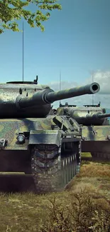 Camouflaged tanks in formation under a clear sky, suited for military-themed aesthetics.