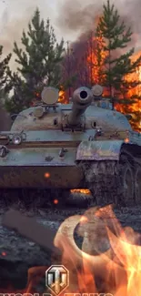 Tank plowing through a fiery forest battlefield.