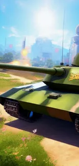 Vibrant tank in sunny landscape mobile wallpaper.