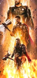 Epic image of Thor holding a hammer amidst flames.