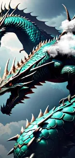 Epic three-headed dragon with turquoise scales against a dramatic sky backdrop.