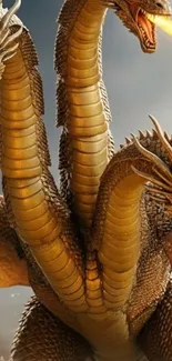 Three-headed dragon breathing fire in an epic fantasy scene.