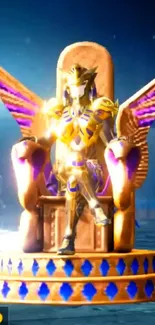 Guardian in golden armor seated on a mystical throne with purple and golden hues.