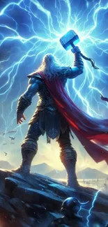 Thunder god with hammer amid blue lightning storm.