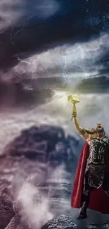 Thunder god holding hammer under stormy sky desktop wallpaper.