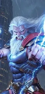 Thunder warrior with lightning and cape in urban setting.