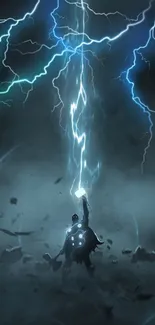 Hero stands amidst lightning strike in storm.