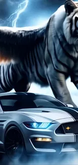 Tiger with sports car under lightning sky.