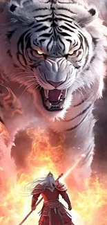 Epic fantasy wallpaper with a white tiger and warrior scene.