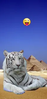 White tiger with pyramids and emoji under a blue sky.