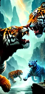 Epic showdown of three tigers in vibrant jungle setting.