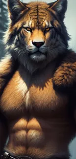 Epic tiger warrior in a forest background, perfect fantasy mobile wallpaper.