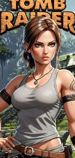 Tomb Raider character in jungle setting for mobile wallpaper.