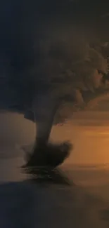 Tornado merging with a vibrant orange sunset sky.