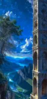 Majestic tower in fantasy landscape with blue sky.