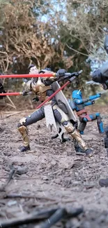 Toy action figures clash in an intense battle scene with lightsabers.