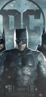 Three iconic superheroes in dark suits featuring a DC logo.