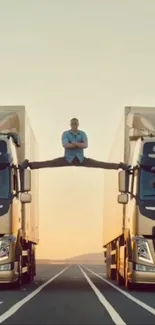 Man performs a daring balance stunt between two moving trucks.