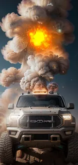 Dynamic truck amidst dramatic explosion with fiery orange and smoky clouds.