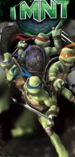 Vivid illustration of warrior turtles in action-ready poses.