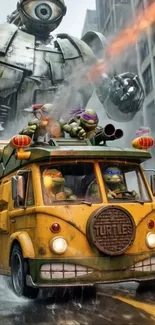 Turtles in action chased by a giant robot in a cityscape.