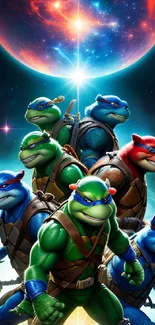 Colorful turtles in space with cosmic background and dynamic poses.