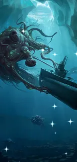 Underwater scene with submarine and sea monster in dark blue hues.