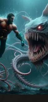 Heroic figure battles monstrous sea creature in an epic underwater scene.