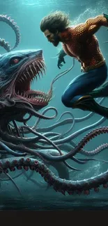 Superhero battles sea creature in epic underwater scene.