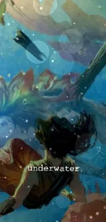 Fantasy dragon and diver underwater in vibrant colors.