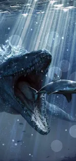 Epic underwater dinosaur scene with shark.