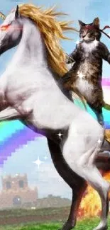 Cat warrior riding unicorn through rainbows.