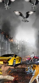 Dynamic urban chaos wallpaper with cars, wildlife, and fiery background.